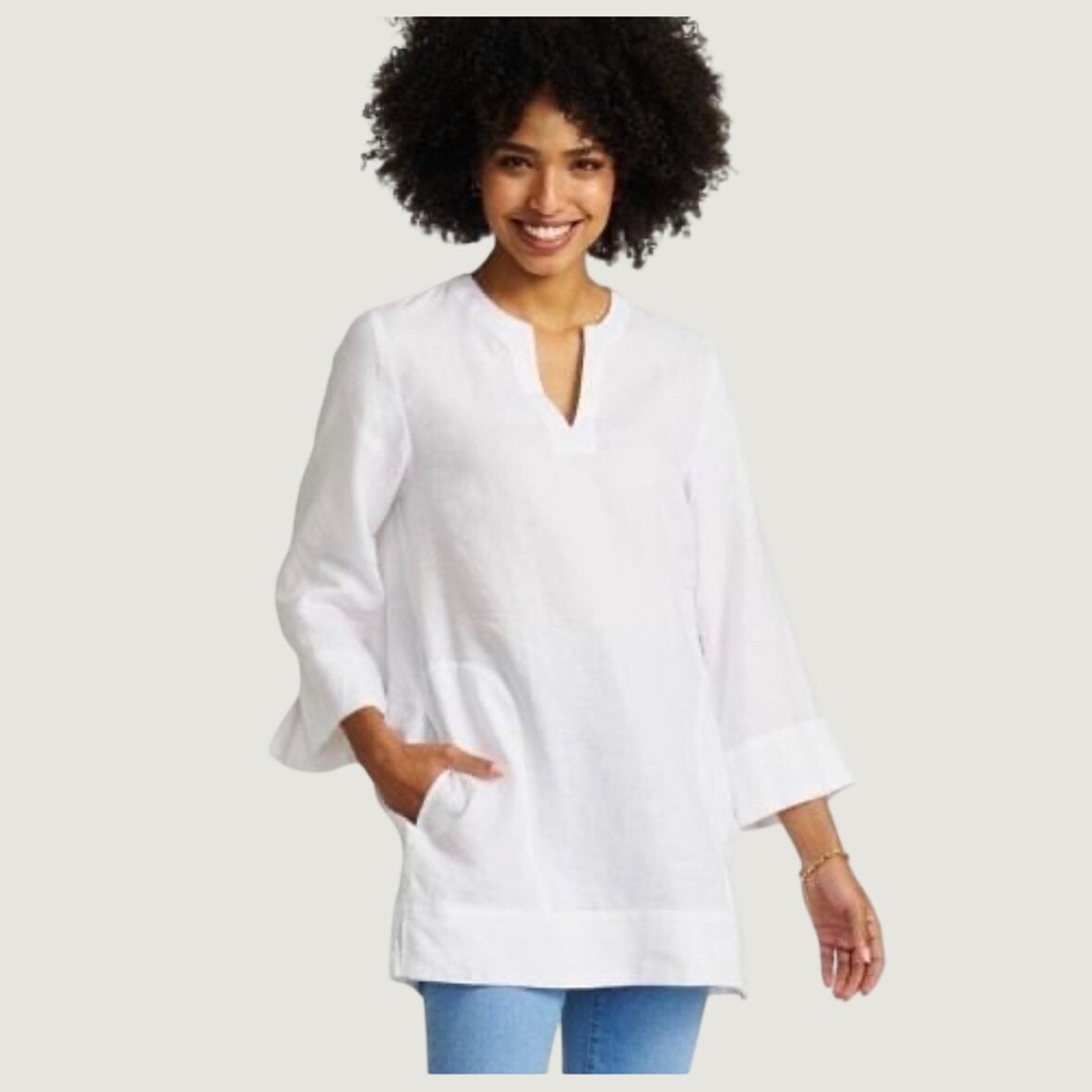 Lands' End Linen Tunic Top Women Sz L White 3/4 Sleeve Split Neck Pockets Resort